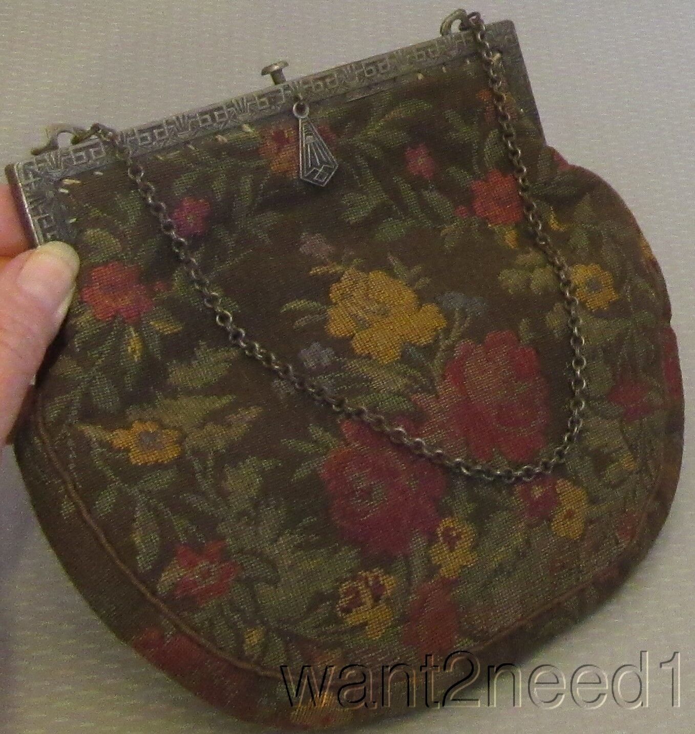 Edwardian French Tapestry Handbag with Floral Design