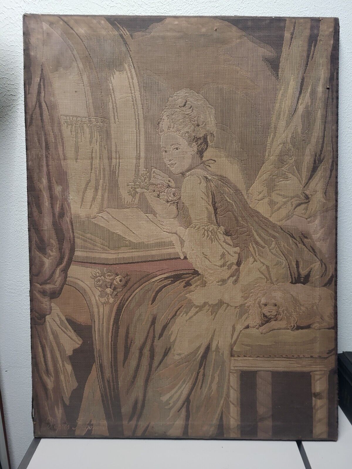 Fragonard Vintage Tapestry: Girl with Dog 1900