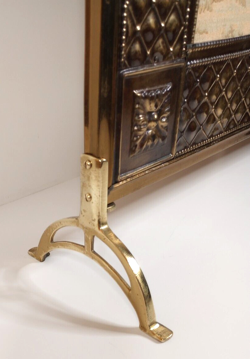 Antique English Tapestry Brass Fireplace Screen