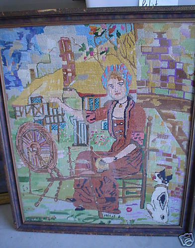 Vintage 1800s Needlepoint Textile: Woman & Dog