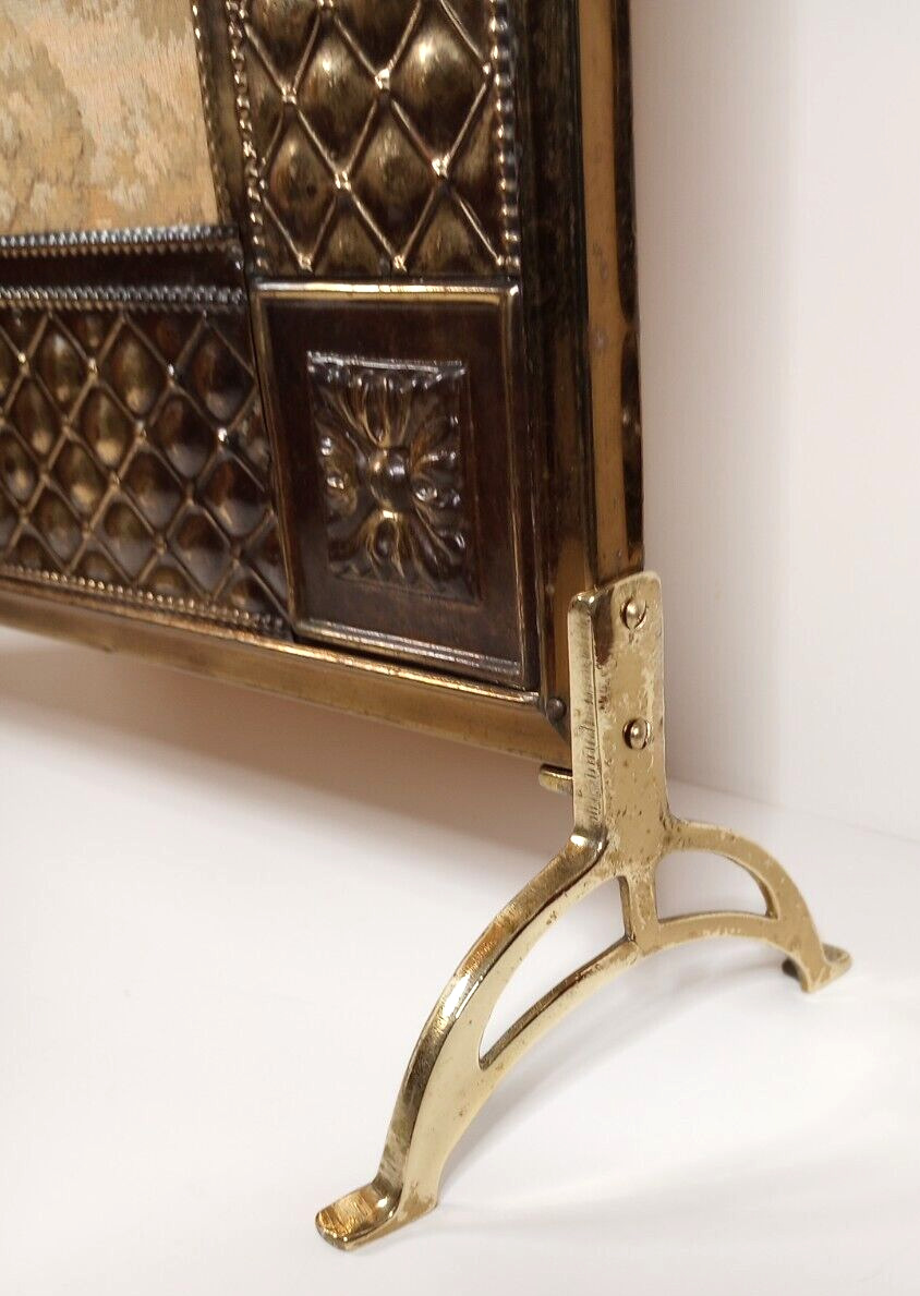 Antique English Tapestry Brass Fireplace Screen