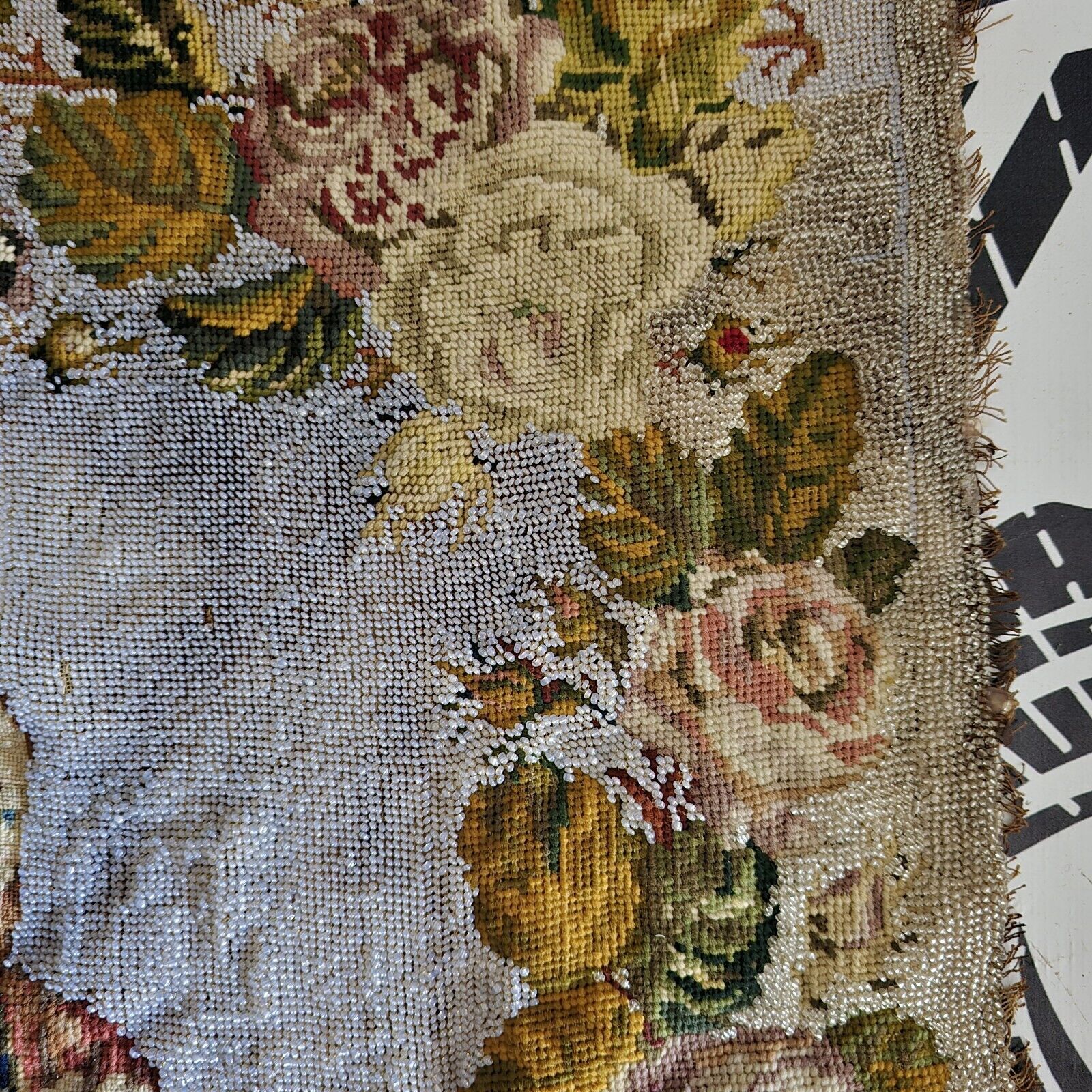 Antique Embroidered Religious Cloth with Roses