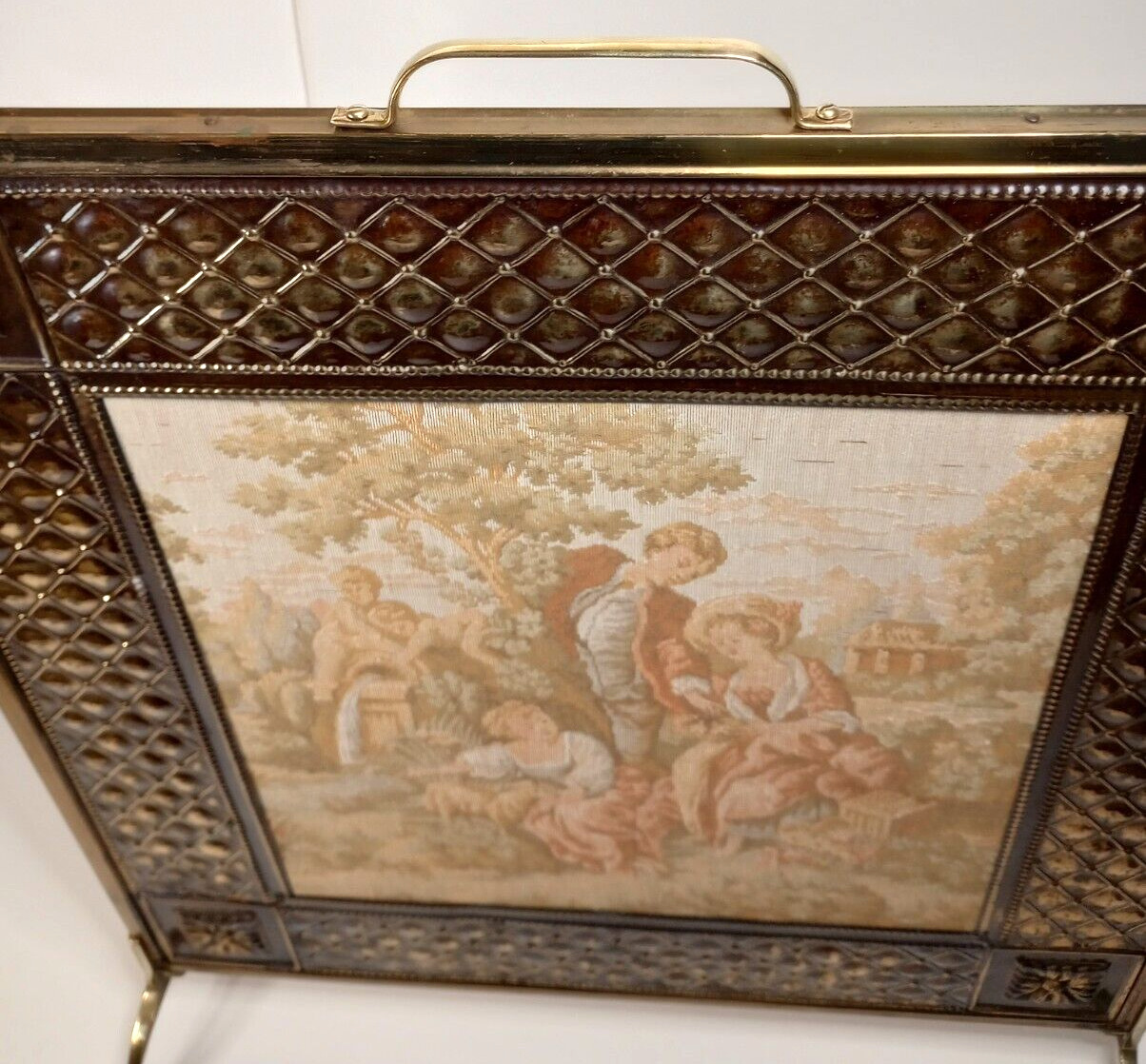 Antique English Tapestry Brass Fireplace Screen