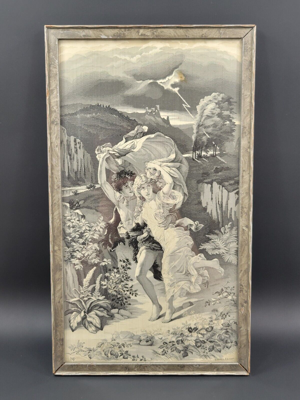 Antique 1900s Black & White Silk Tapestry