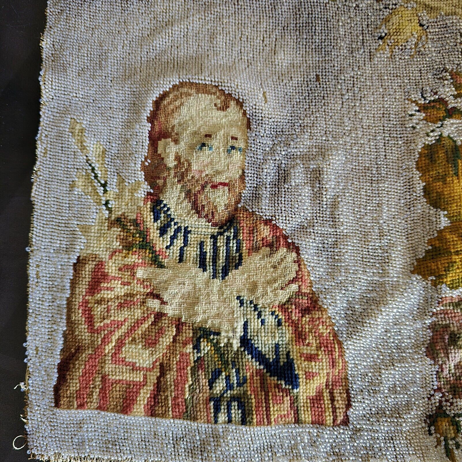 Antique Embroidered Religious Cloth with Roses