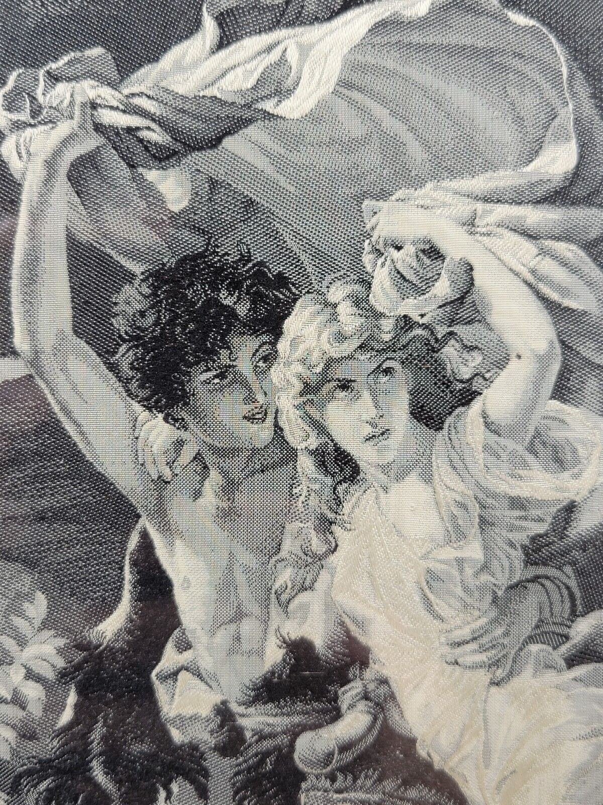 Antique 1900s Black & White Silk Tapestry