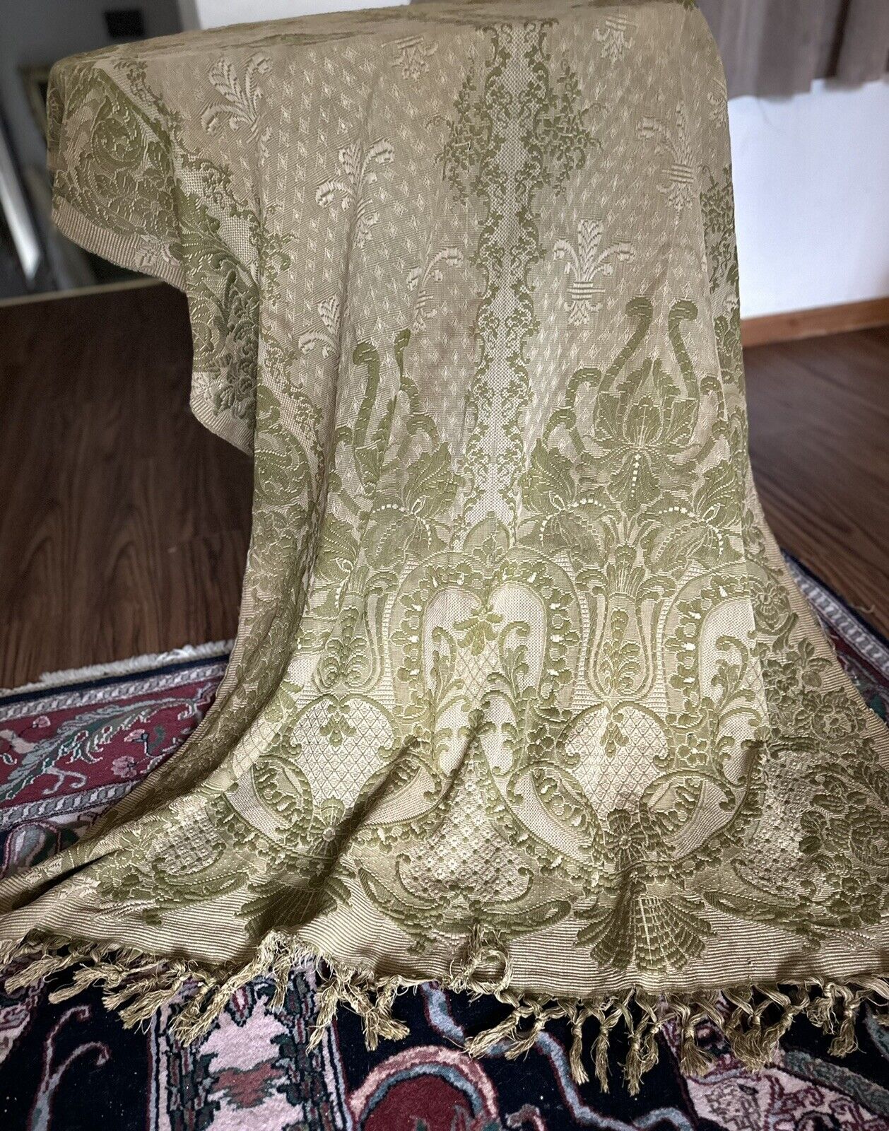 Vintage Fleur-de-lis Green Fringed Piano Coverlet