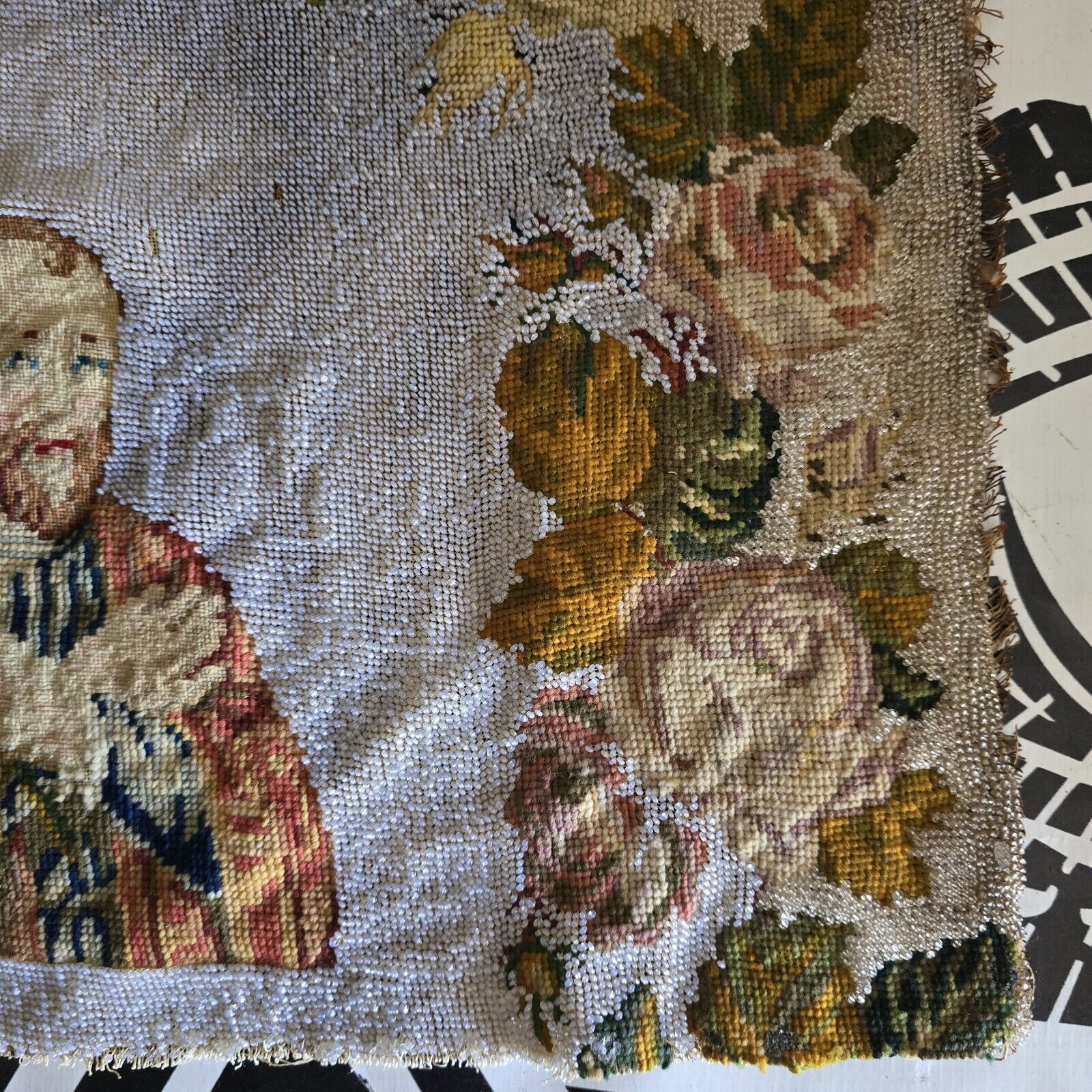 Antique Embroidered Religious Cloth with Roses