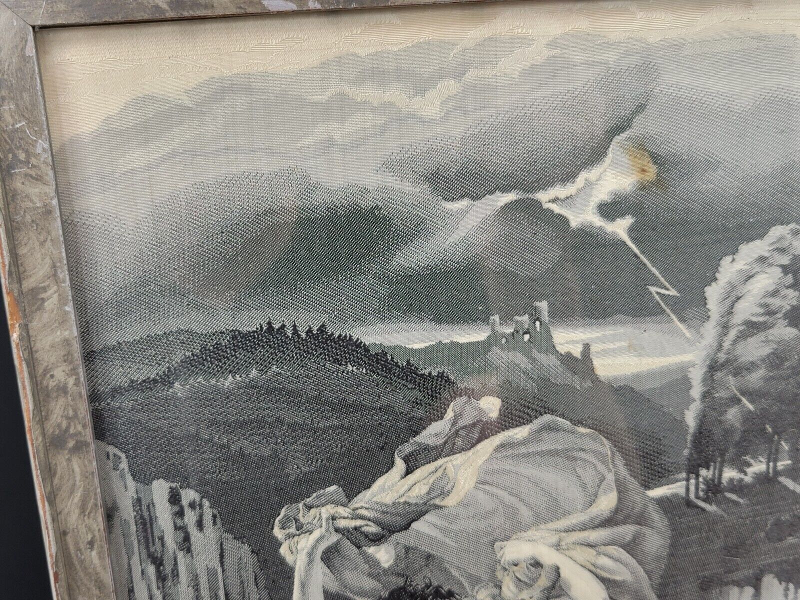 Antique 1900s Black & White Silk Tapestry