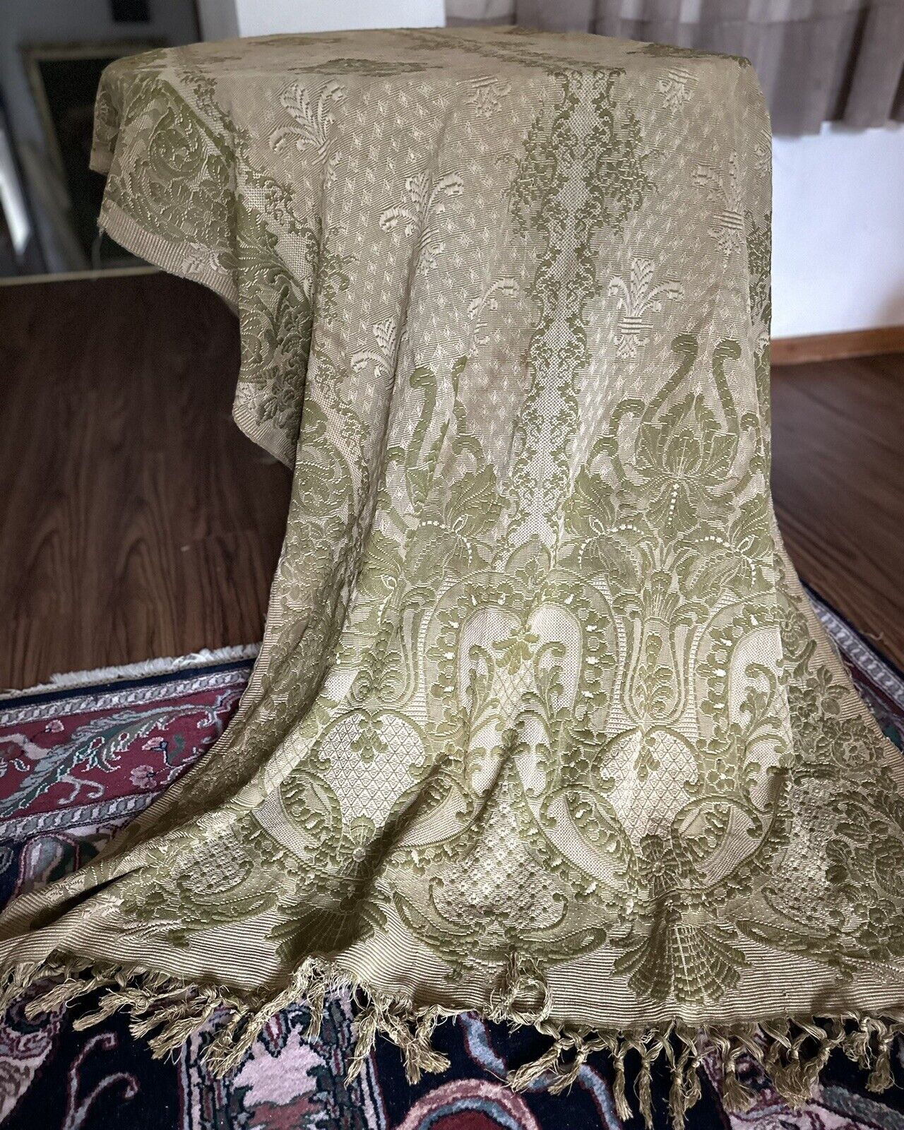 Vintage Fleur-de-lis Green Fringed Piano Coverlet