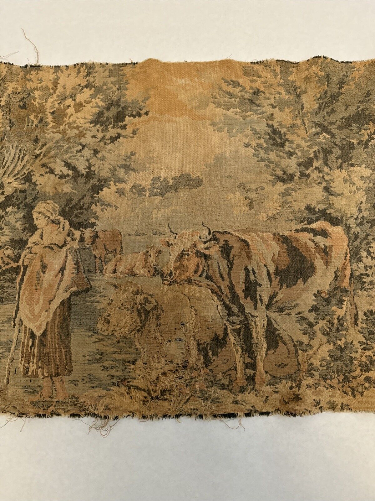 Antique Tapestry: Women, Cattle, and Farm Scene