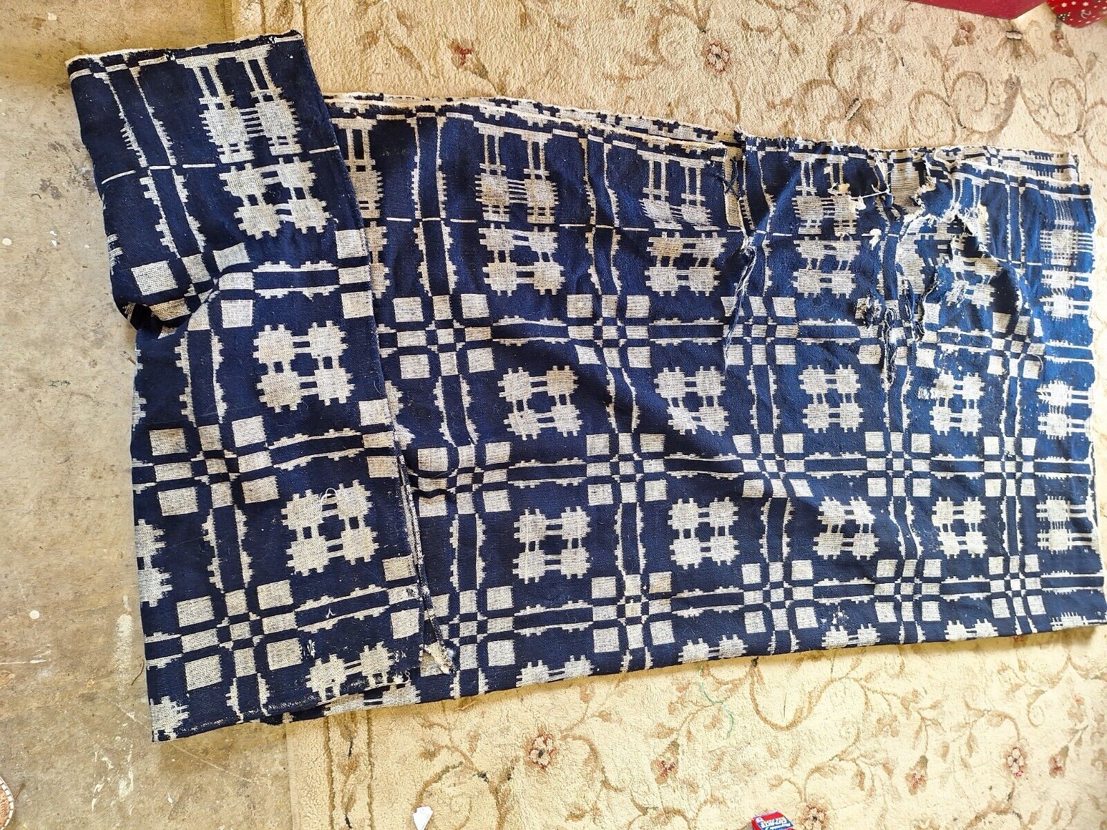 1800s Blue and White Woven Coverlette