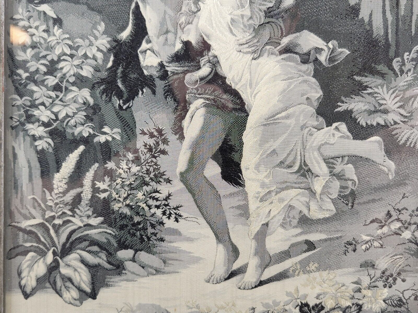 Antique 1900s Black & White Silk Tapestry