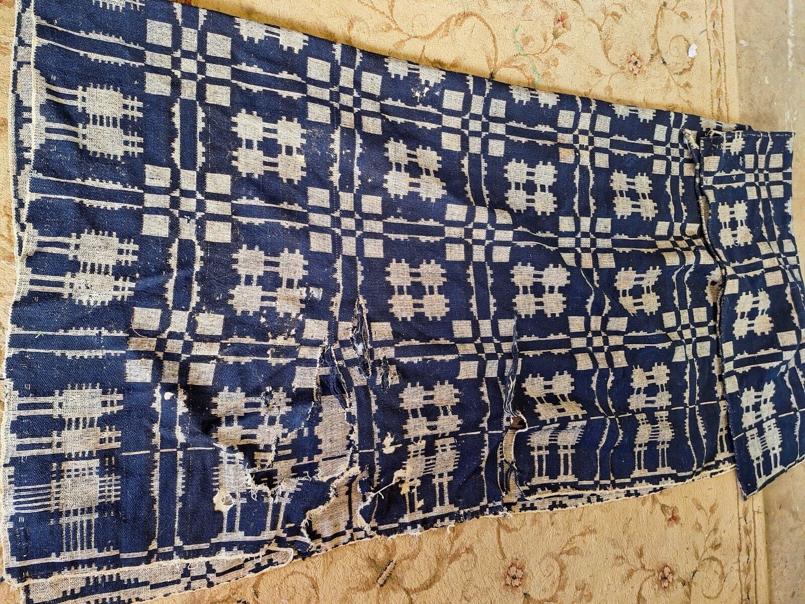 1800s Blue and White Woven Coverlette