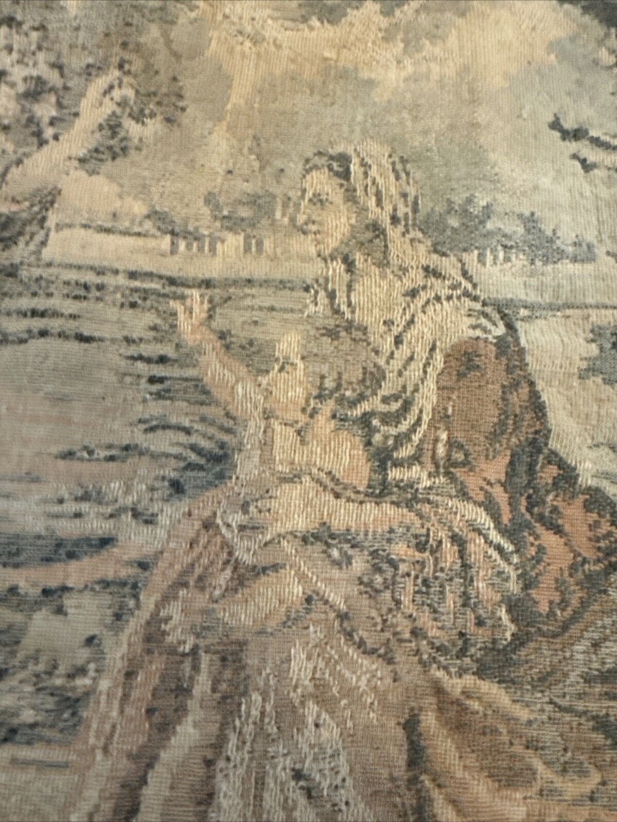 Antique Tapestry: Women, Cattle, and Farm Scene