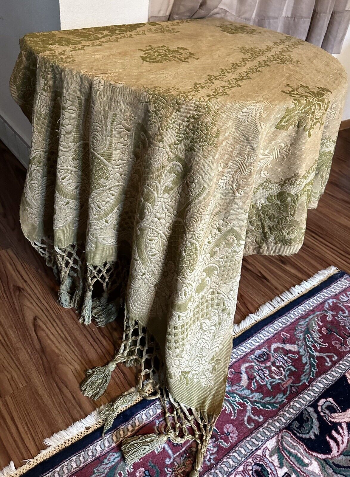 Vintage Fleur-de-lis Green Fringed Piano Coverlet