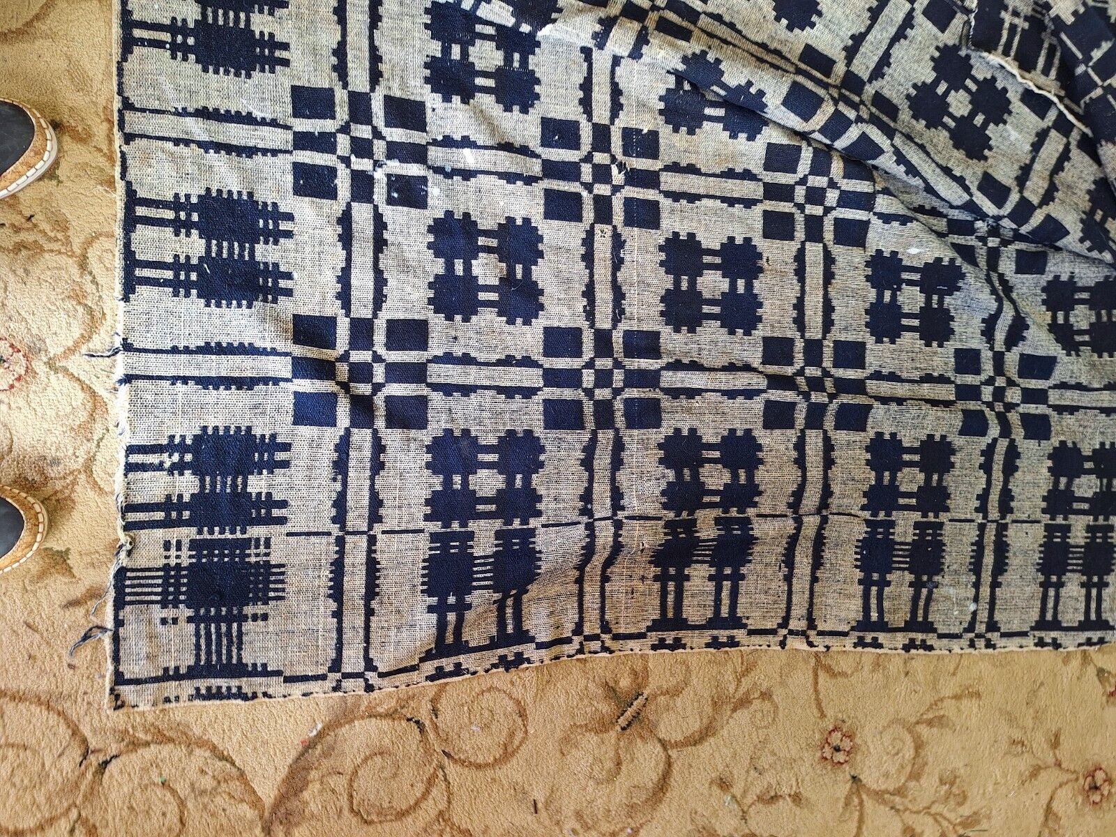 1800s Blue and White Woven Coverlette