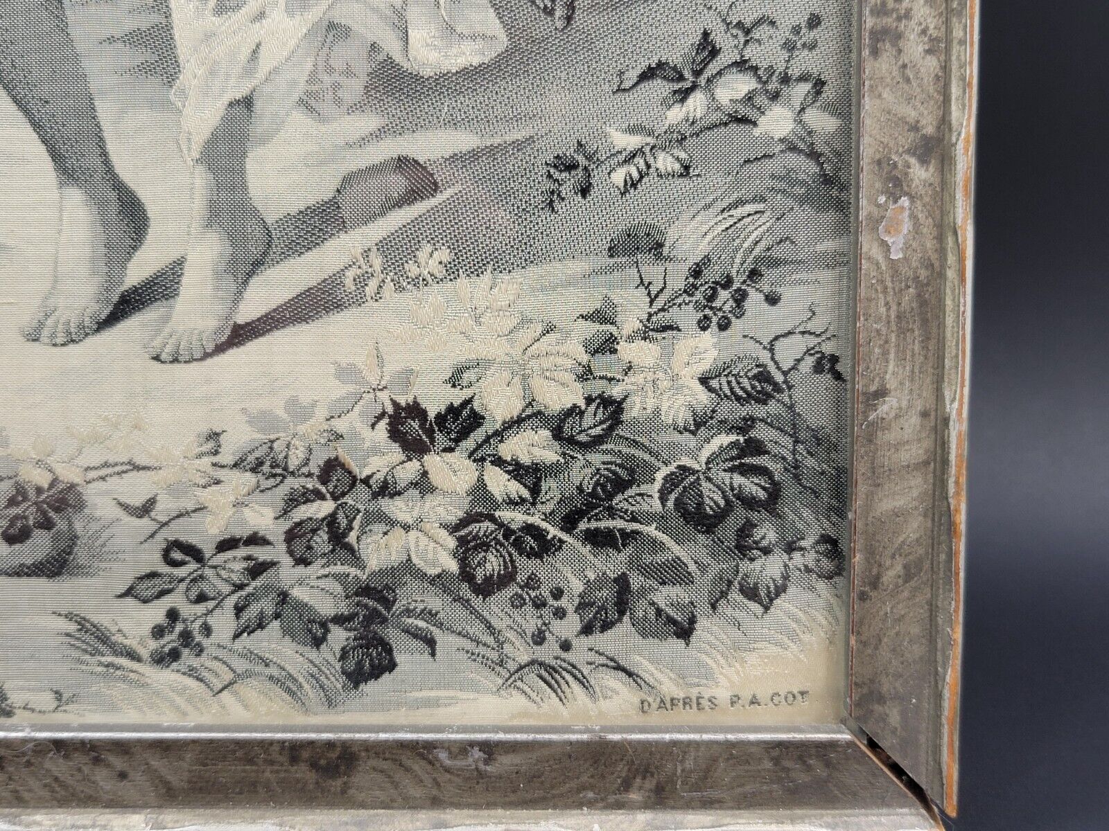 Antique 1900s Black & White Silk Tapestry