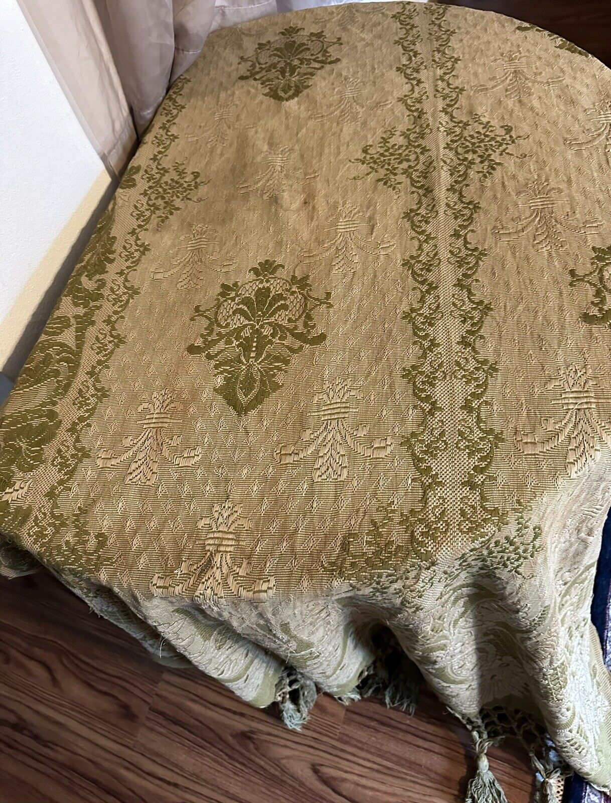 Vintage Fleur-de-lis Green Fringed Piano Coverlet