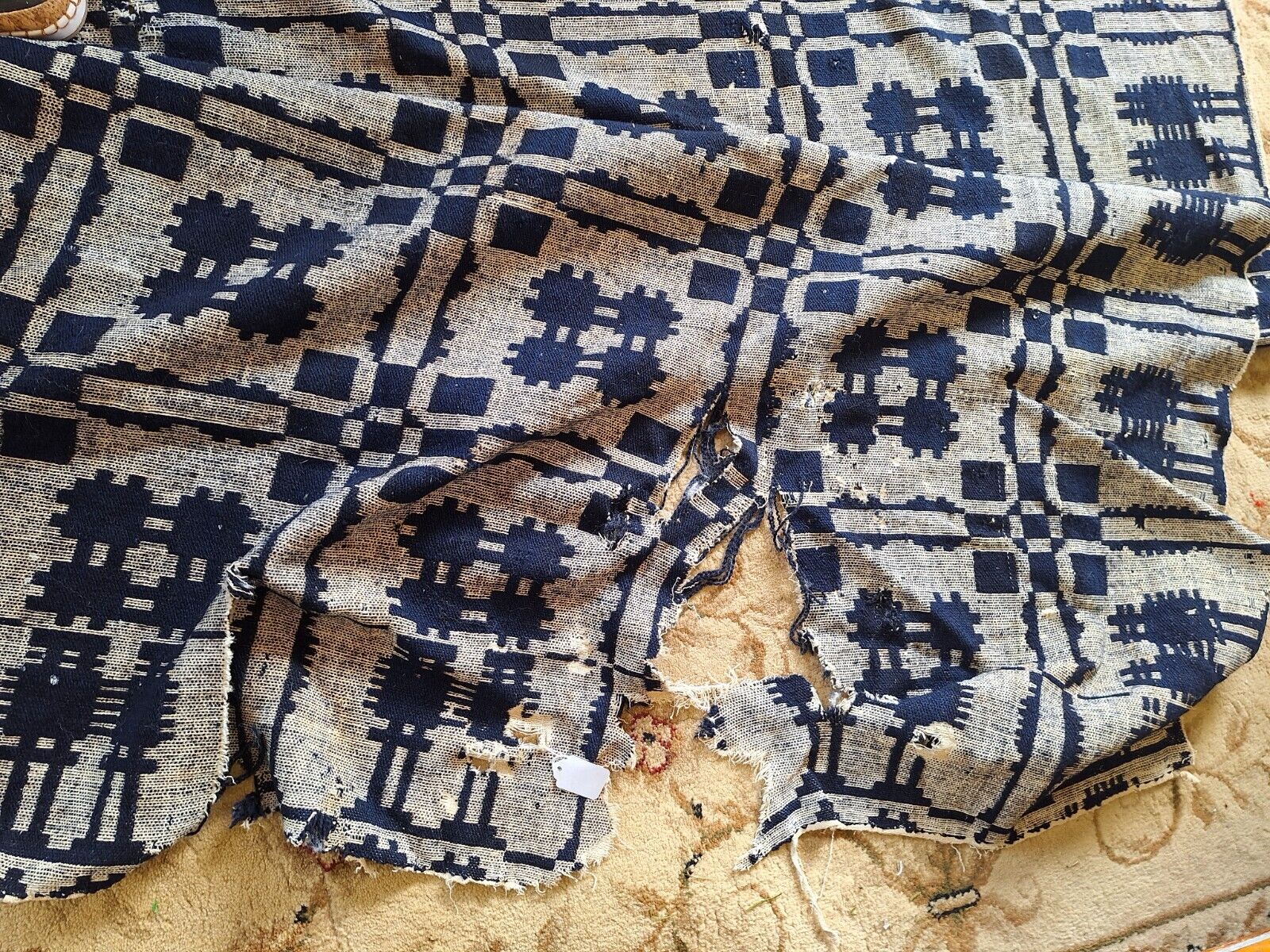 1800s Blue and White Woven Coverlette