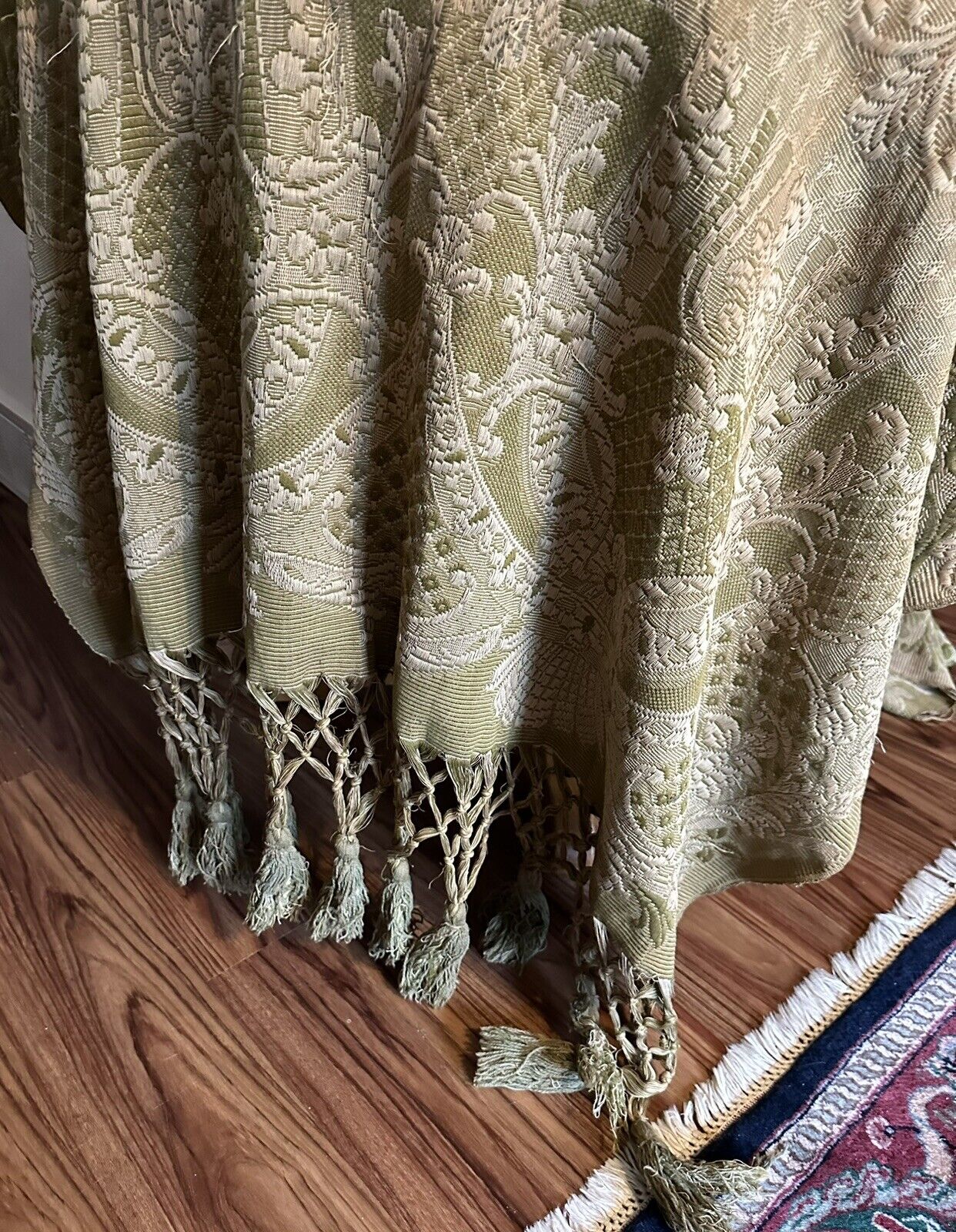Vintage Fleur-de-lis Green Fringed Piano Coverlet