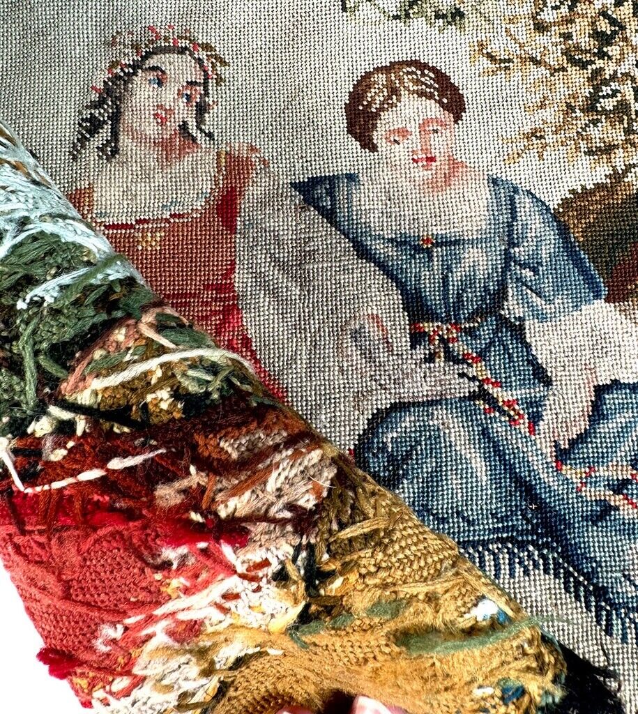 Early 1800s French Petitpoint Figural Needlepoint Panel