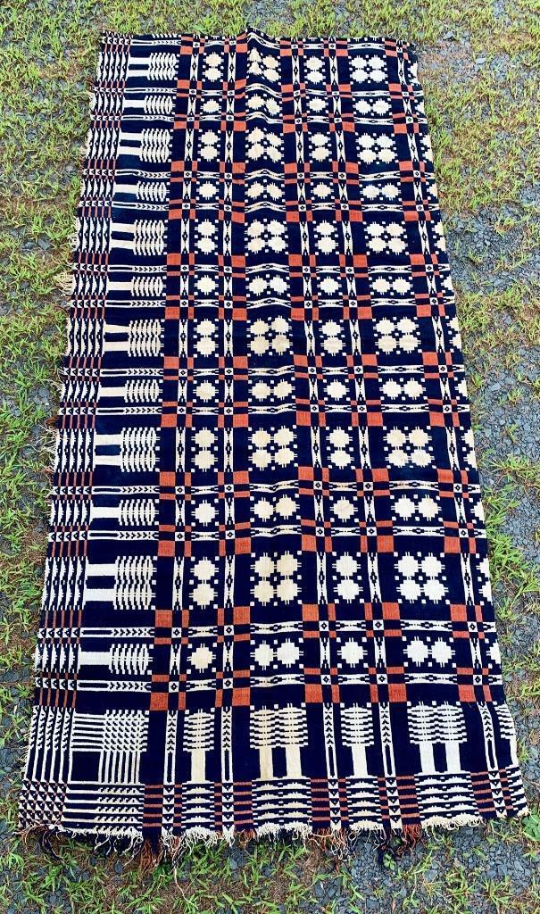 Antique Handwoven American Wool Coverlet Tapestry