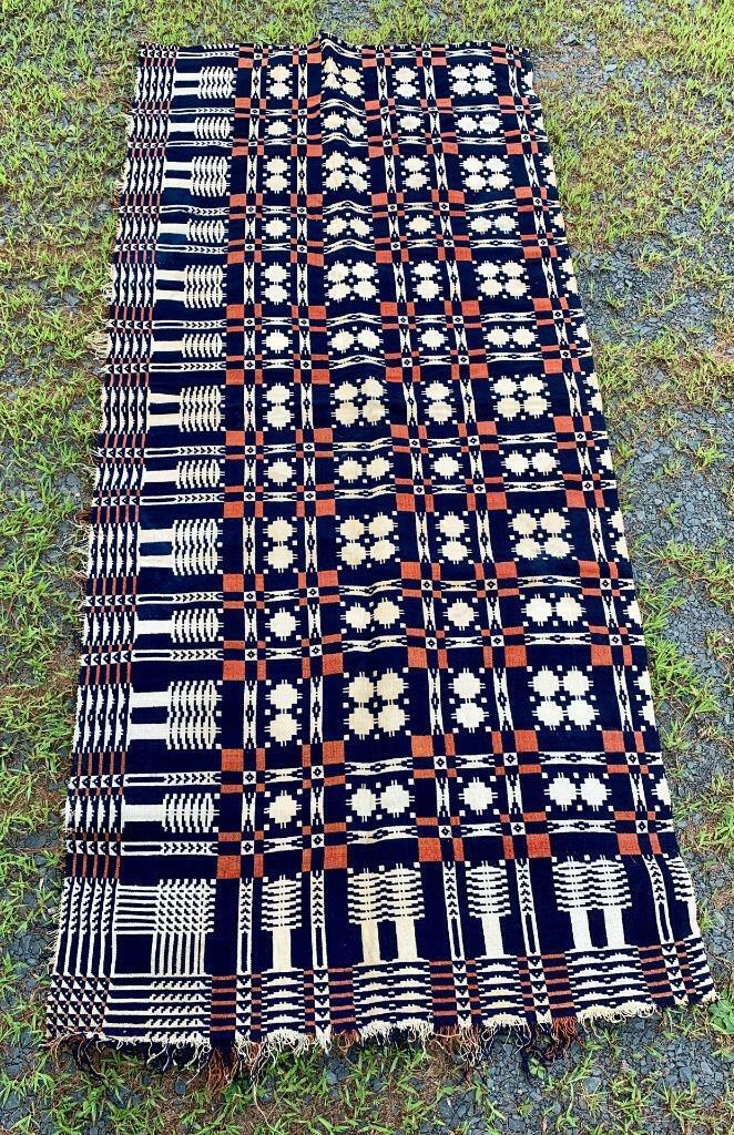 Antique Handwoven American Wool Coverlet Tapestry