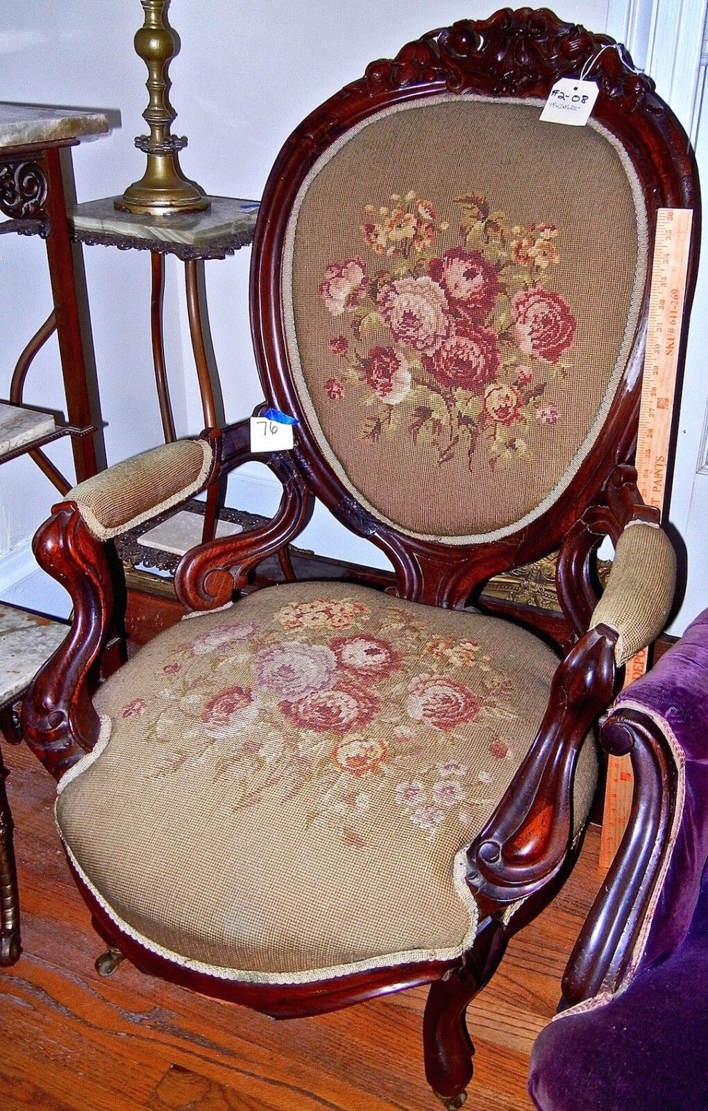 Victorian Needlepoint Green Parlor Chair with Roses
