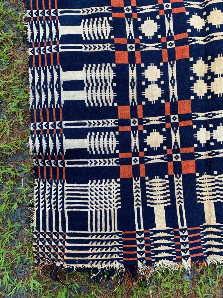 Antique Handwoven American Wool Coverlet Tapestry