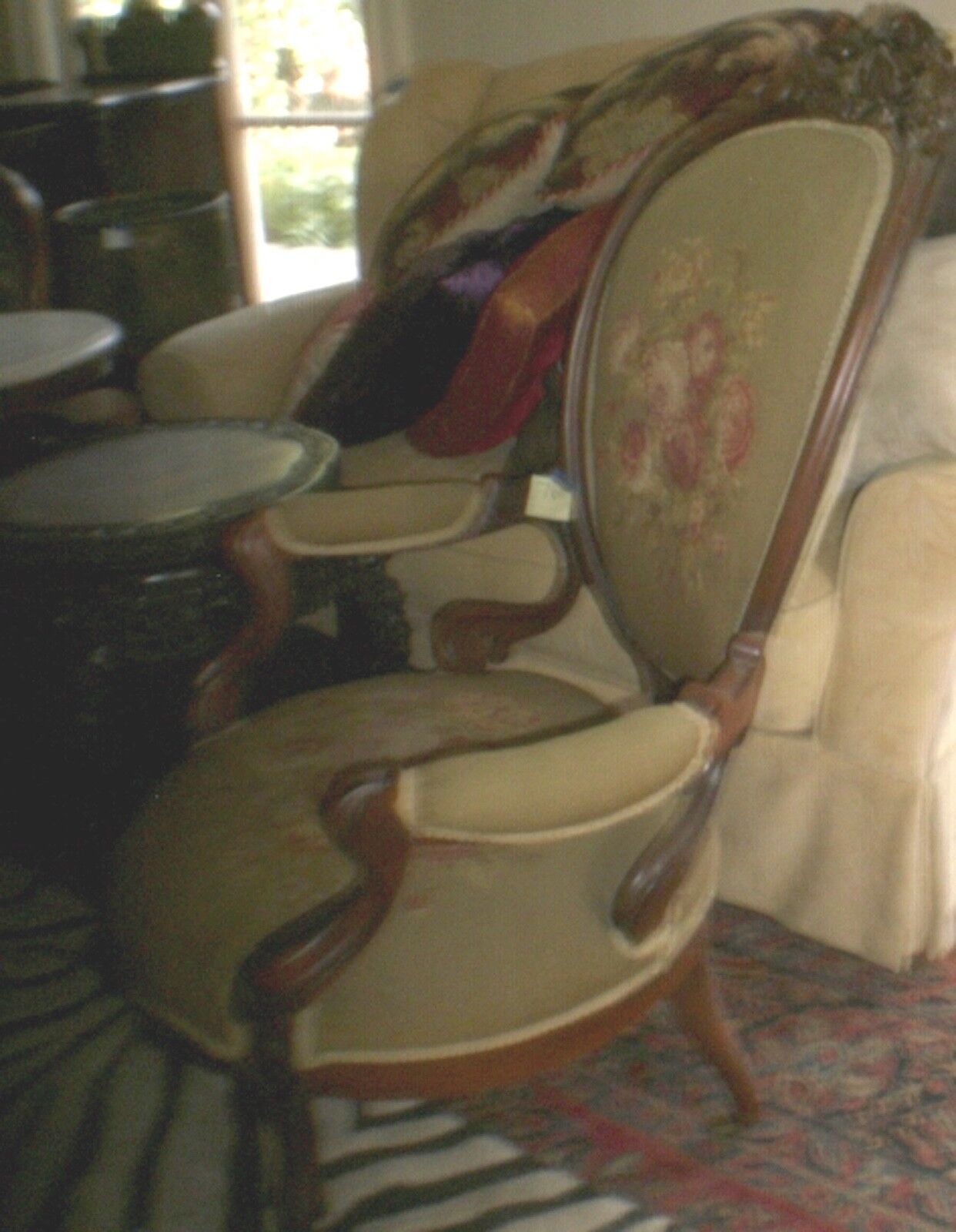 Victorian Needlepoint Green Parlor Chair with Roses