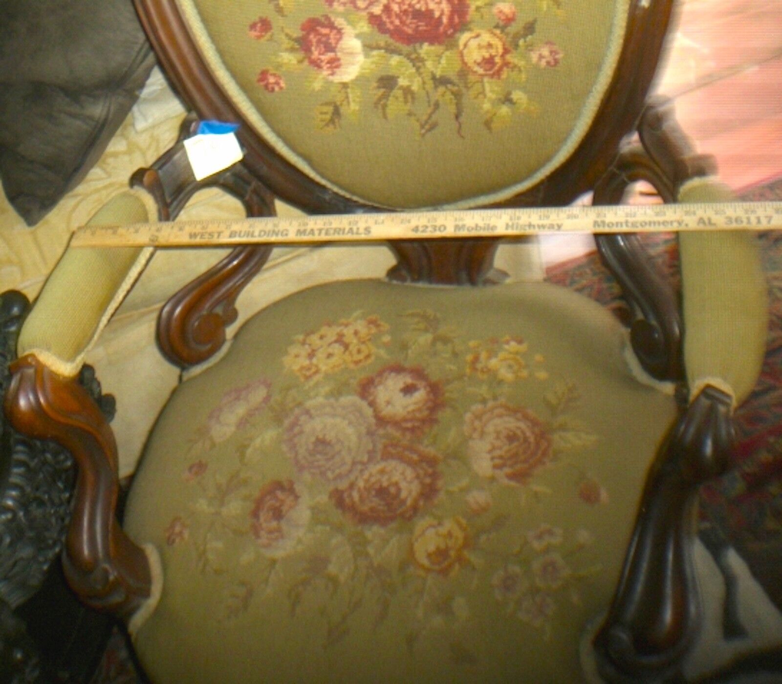 Victorian Needlepoint Green Parlor Chair with Roses