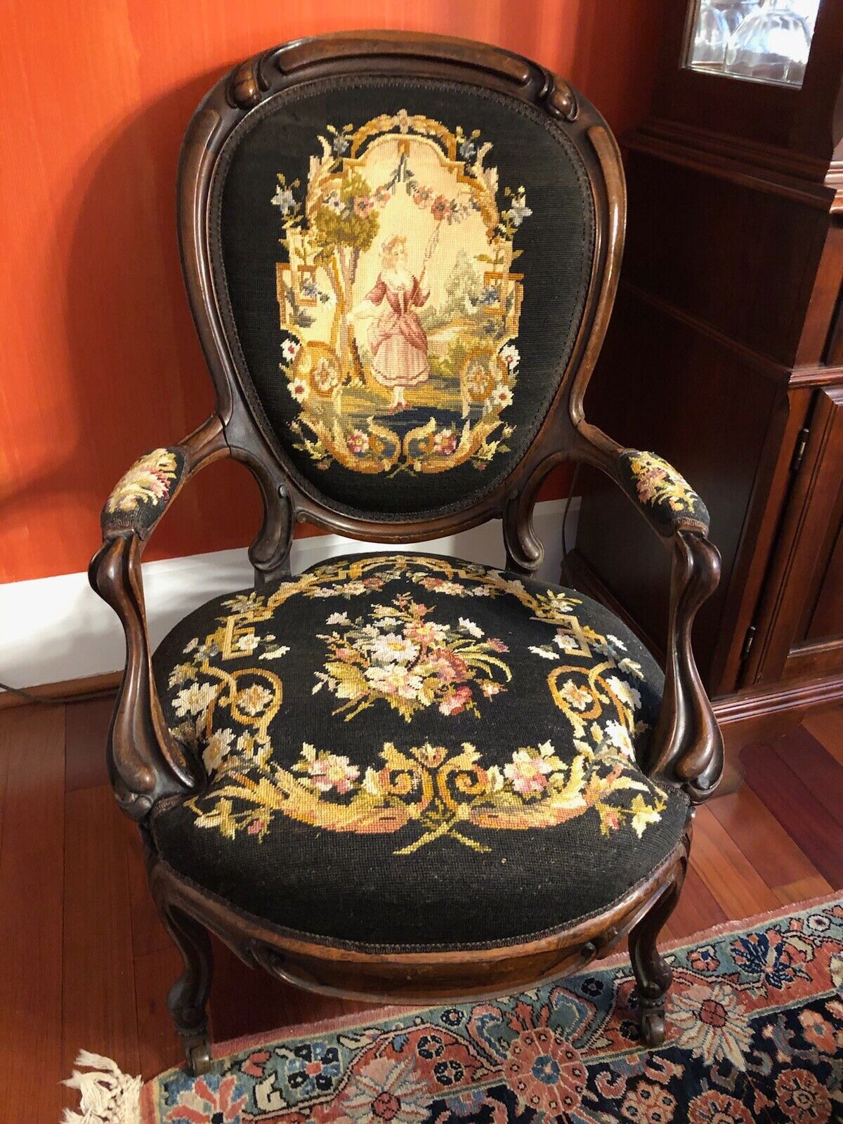 Antique Carved Walnut Needlepoint Ladies Armchair