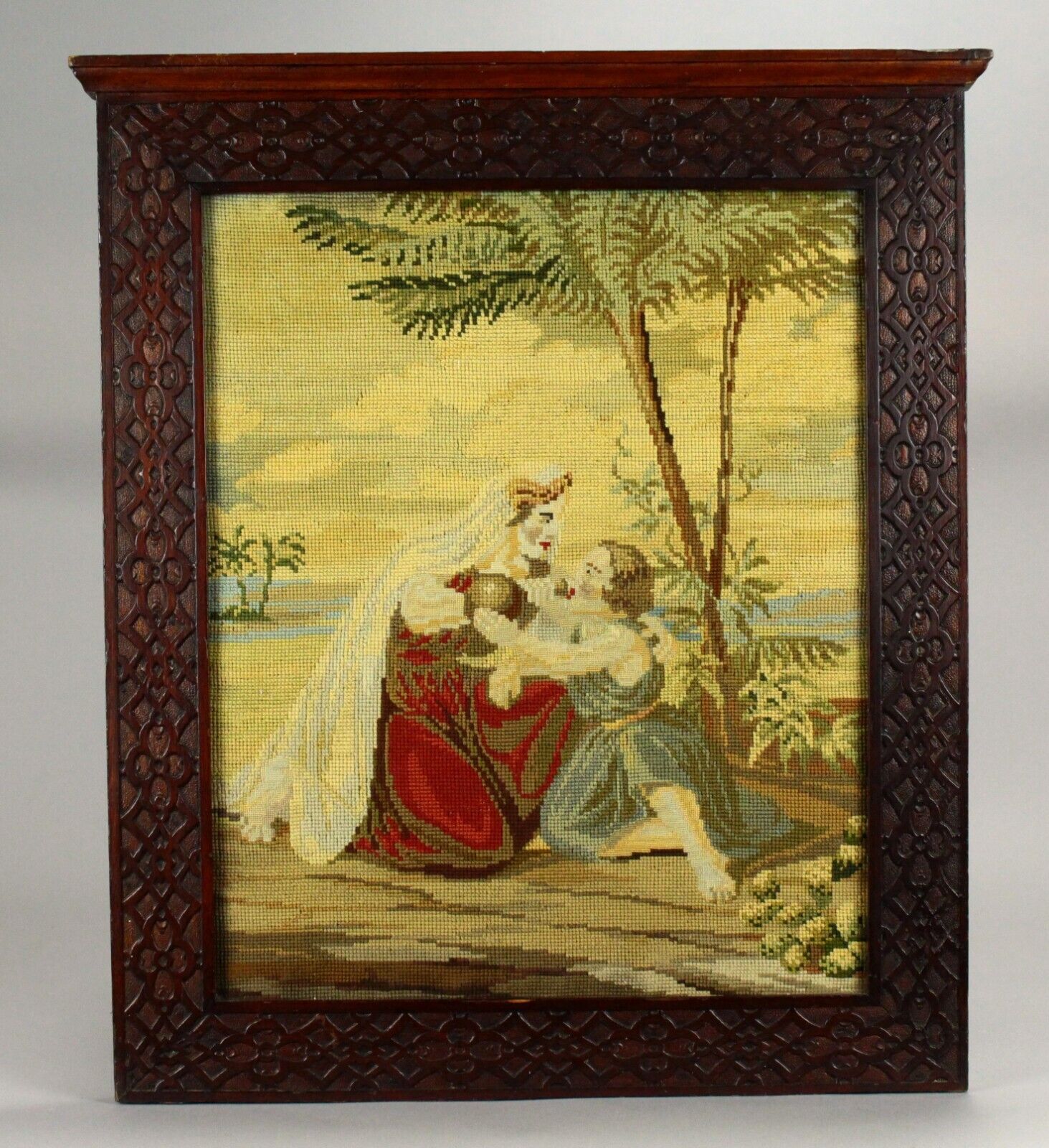 1800s Needlework Biblical Scene in Carved Frame