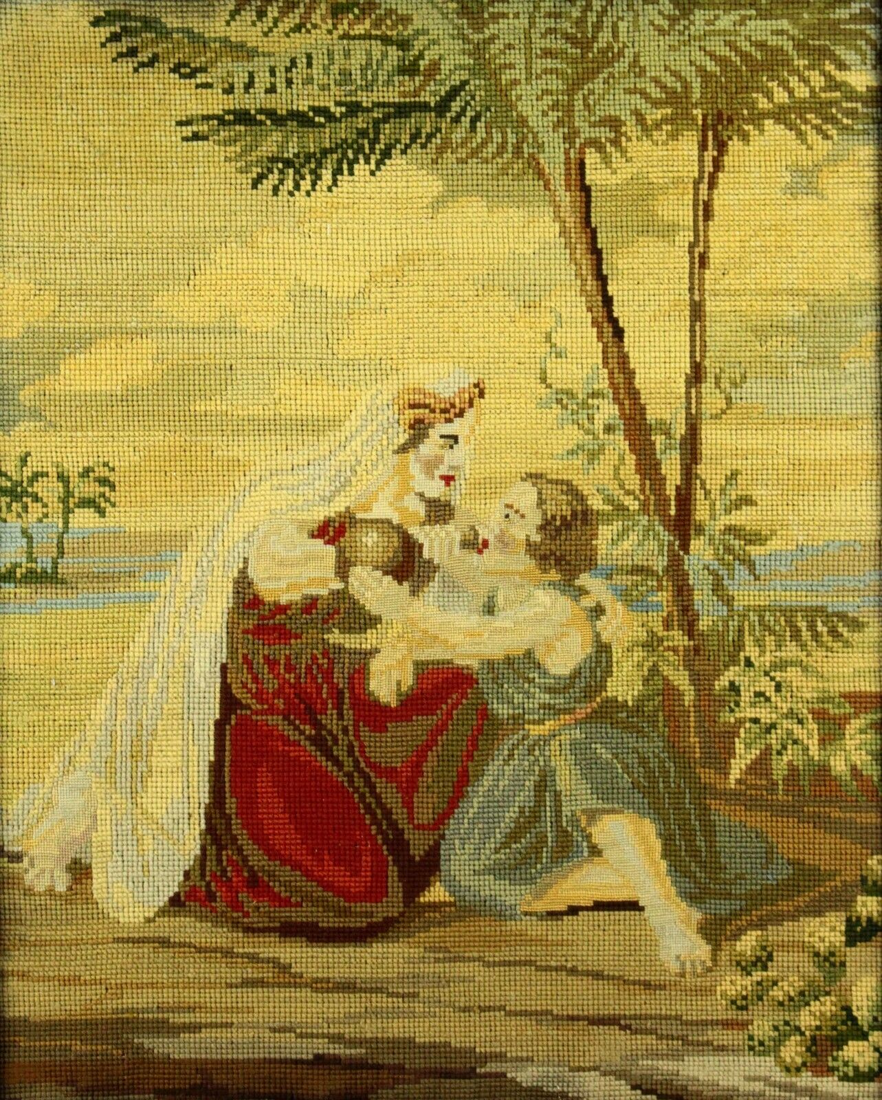 1800s Needlework Biblical Scene in Carved Frame