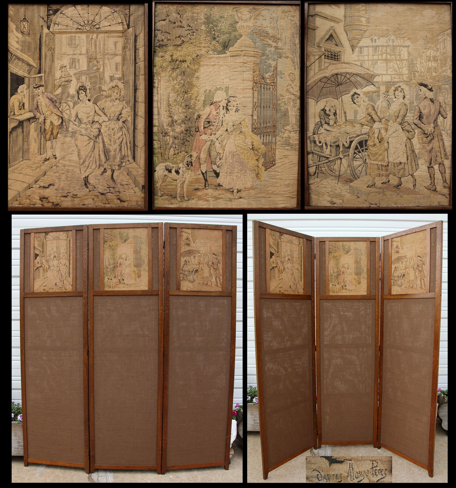 Antique Alonzo Perez 3-Panel Oak Tapestry Screen