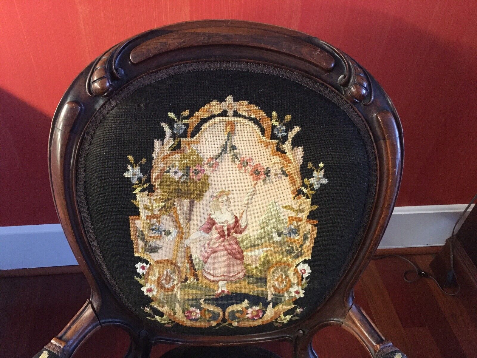 Antique Carved Walnut Needlepoint Ladies Armchair