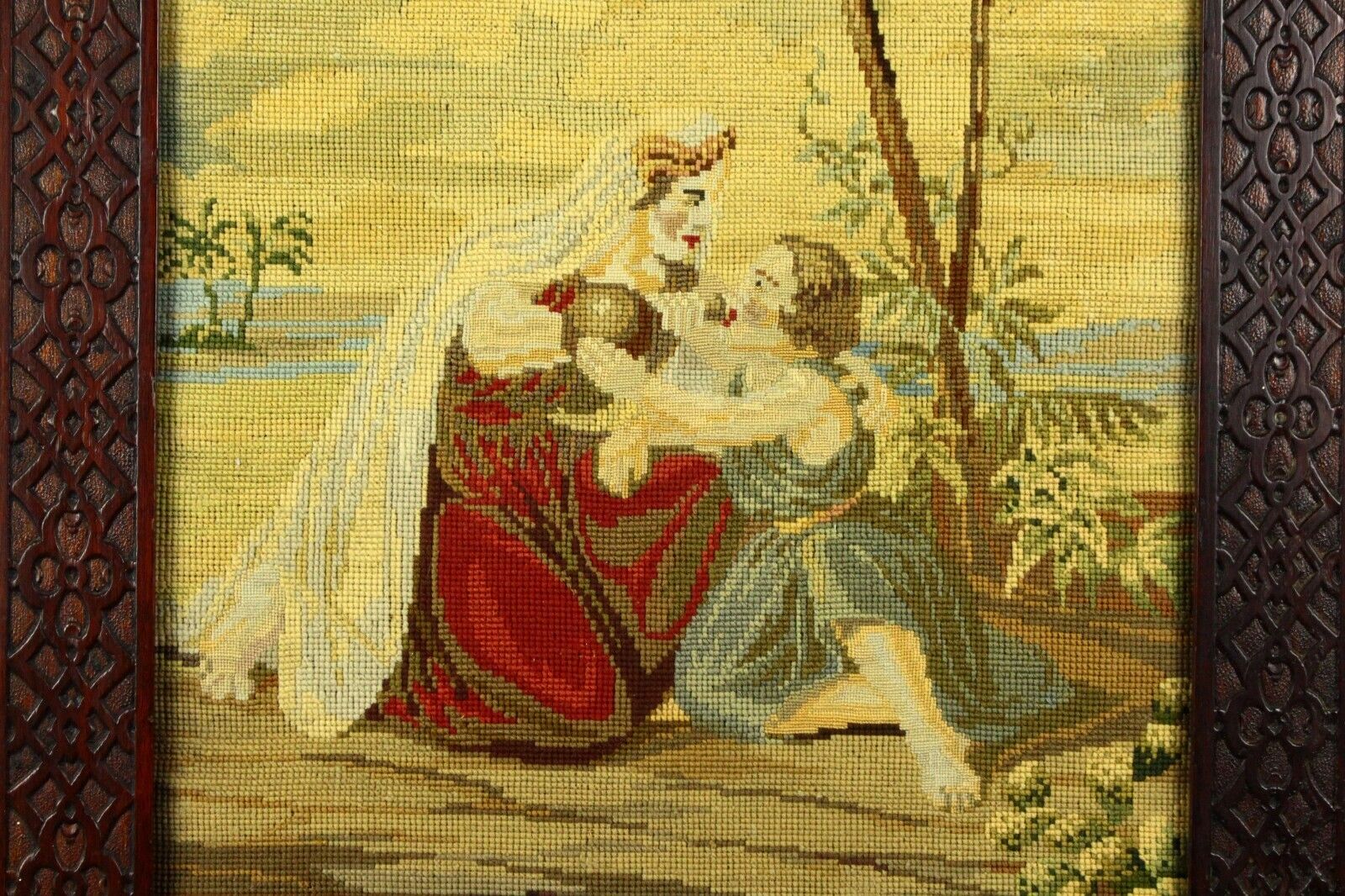 1800s Needlework Biblical Scene in Carved Frame