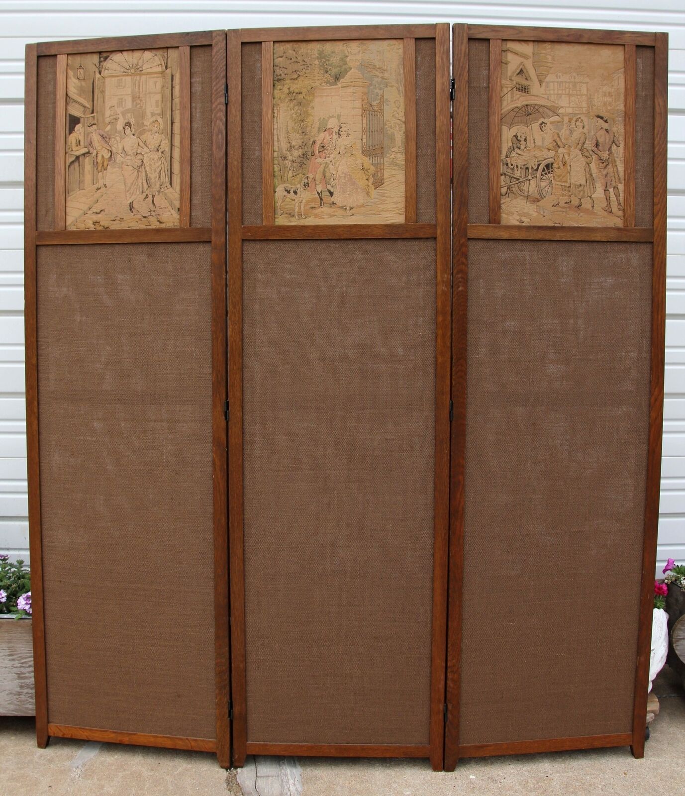 Antique Alonzo Perez 3-Panel Oak Tapestry Screen