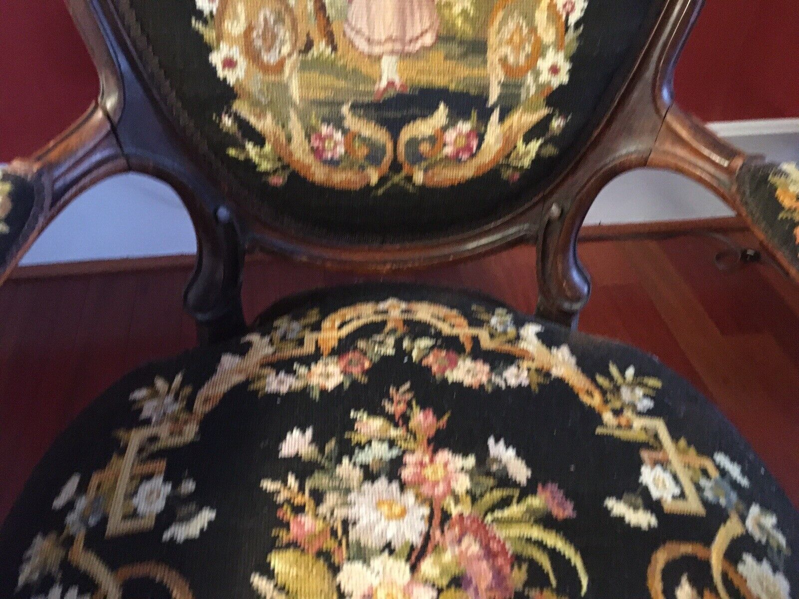 Antique Carved Walnut Needlepoint Ladies Armchair