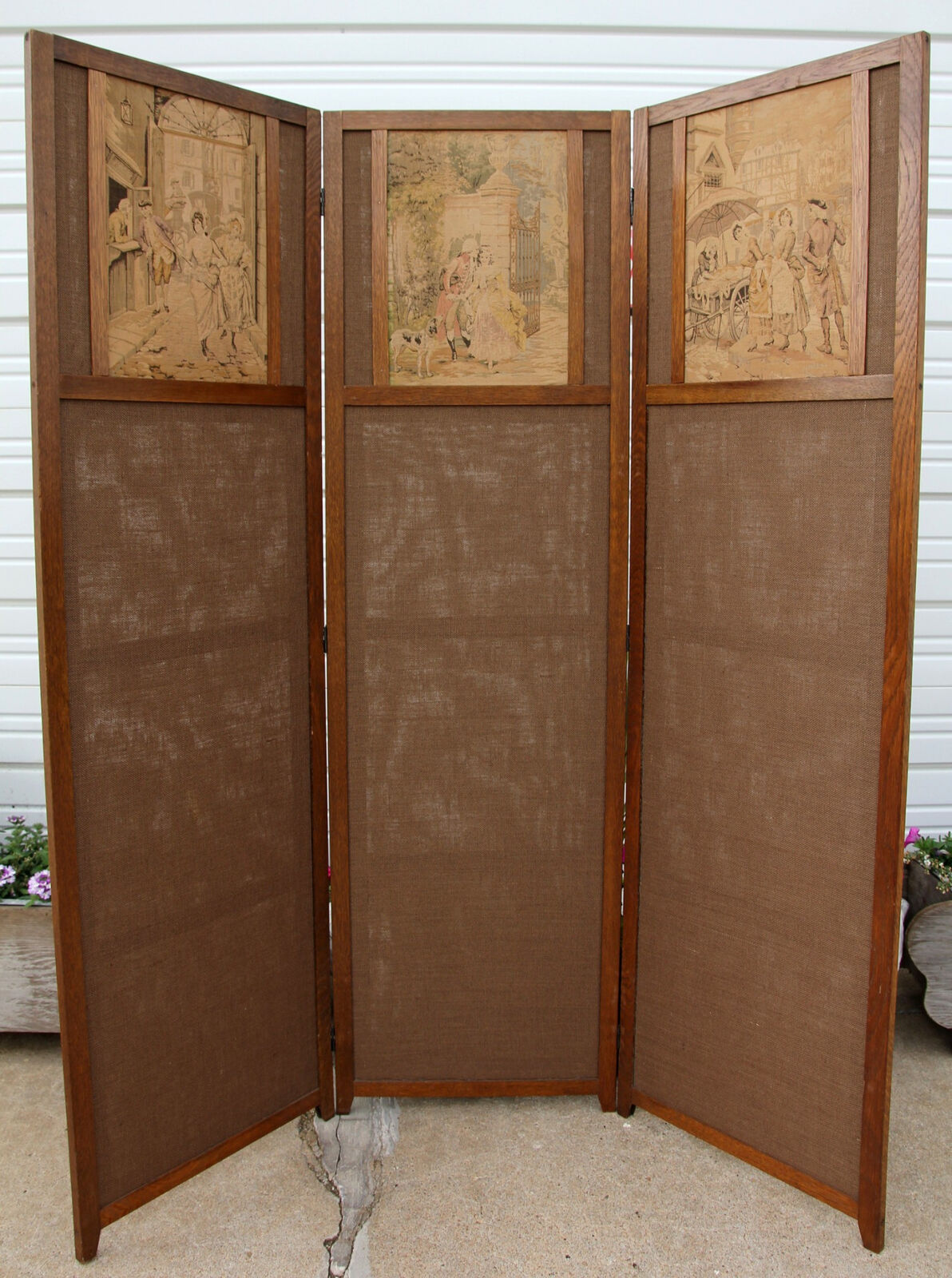 Antique Alonzo Perez 3-Panel Oak Tapestry Screen