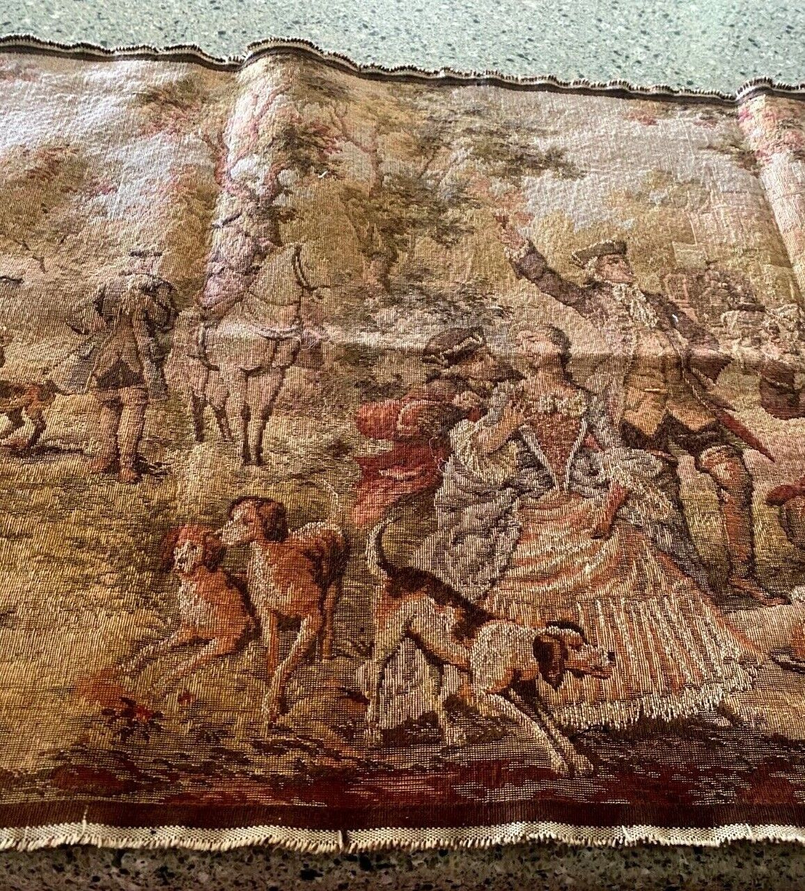 1900s Belgian Hunting Picnic Scene Tapestry 20x55