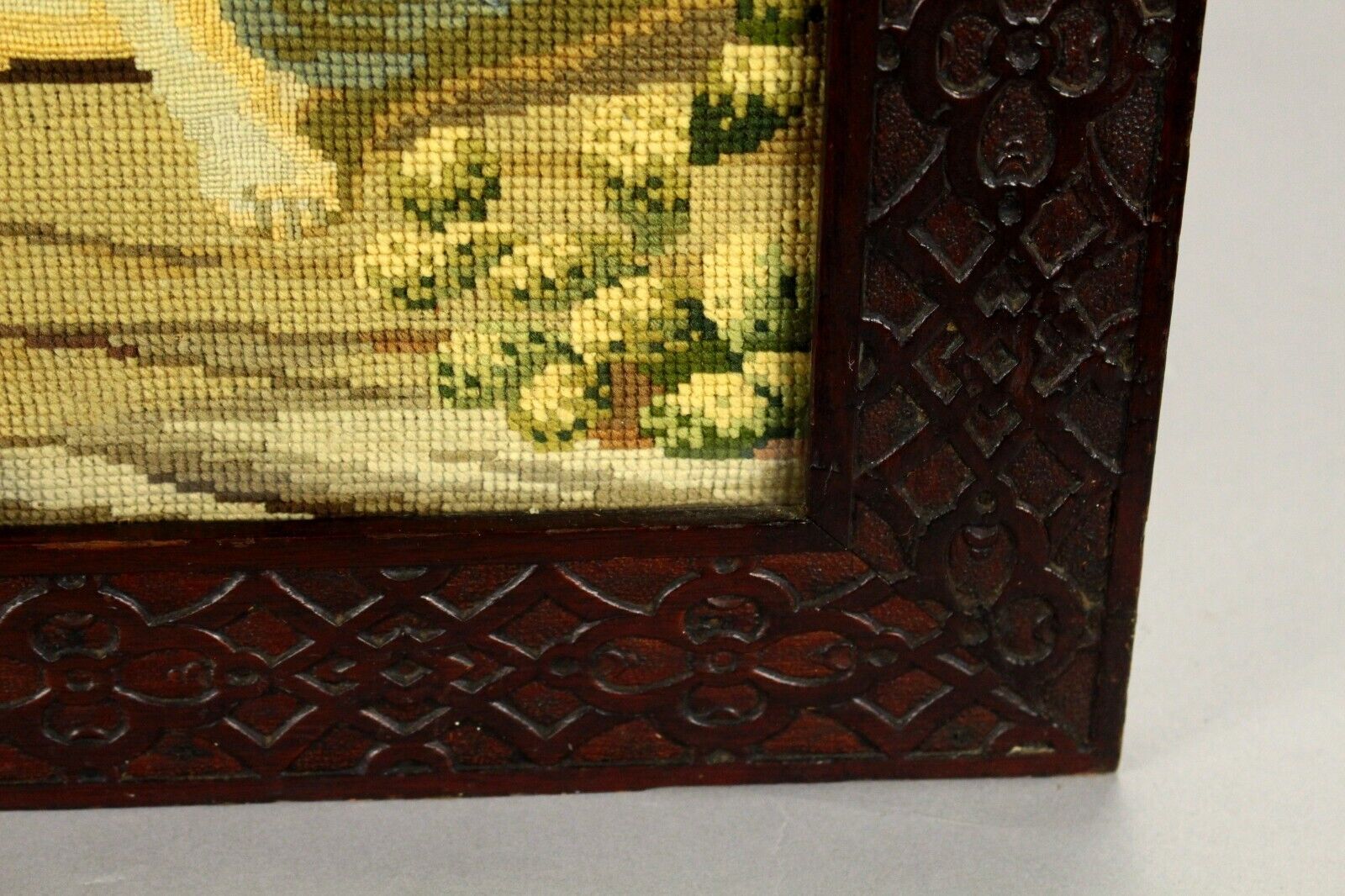 1800s Needlework Biblical Scene in Carved Frame