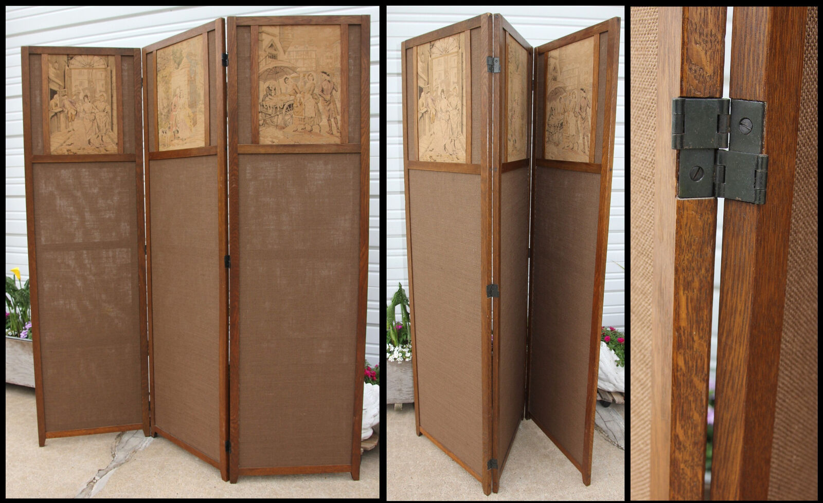 Antique Alonzo Perez 3-Panel Oak Tapestry Screen