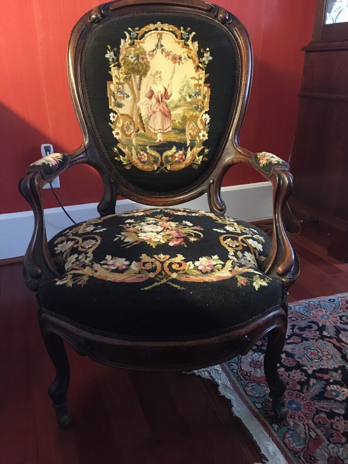 Antique Carved Walnut Needlepoint Ladies Armchair