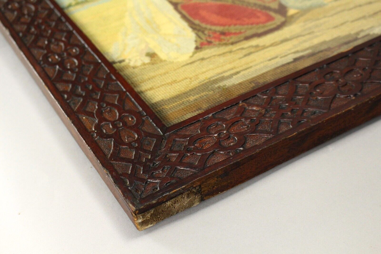 1800s Needlework Biblical Scene in Carved Frame