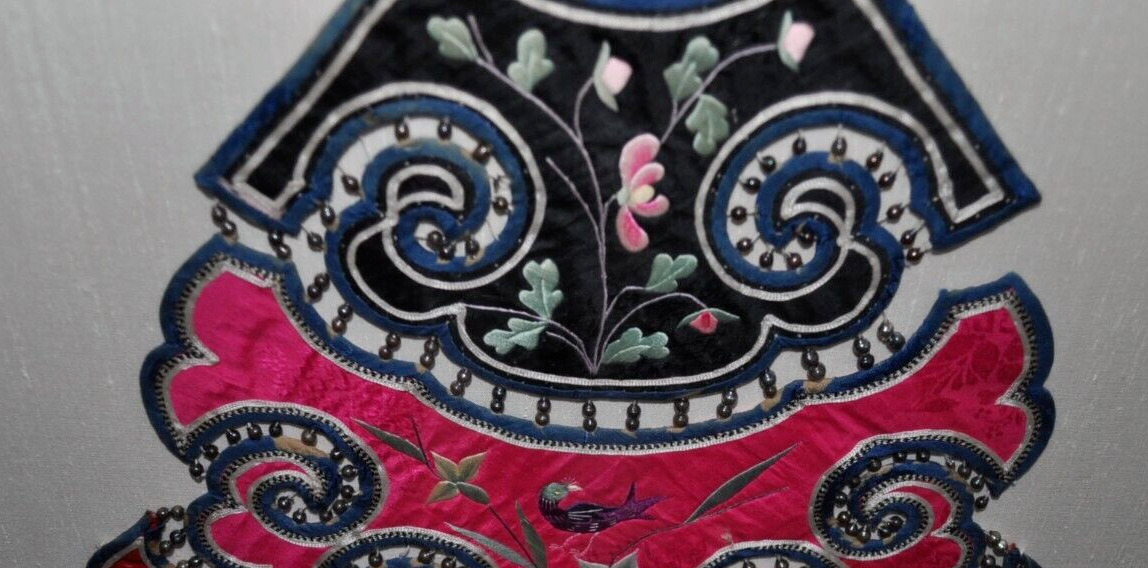 Chinese Beaded Silk Tapestry Collar with Silver