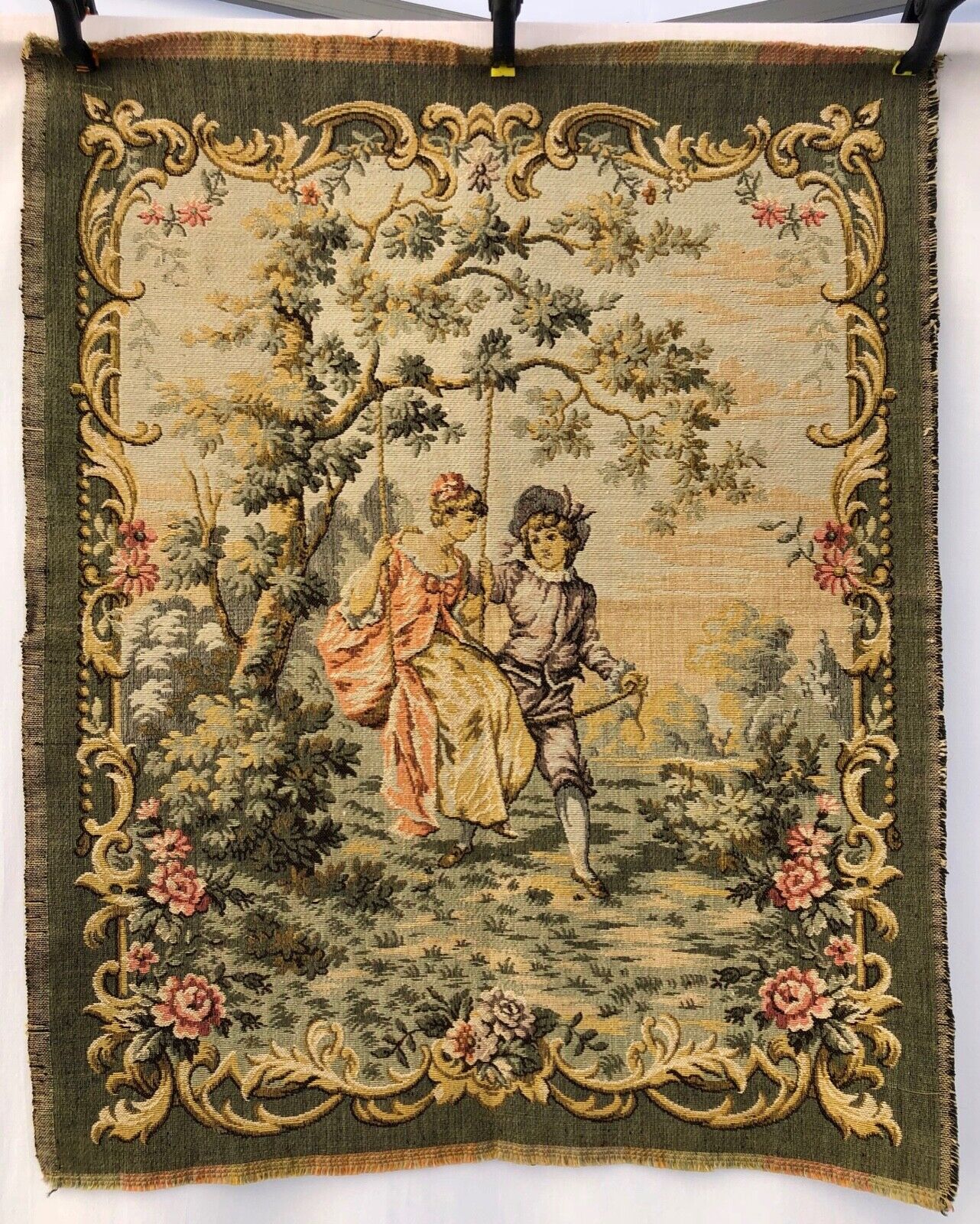 French Antique Tapestry: Girl on Swing, 1900s