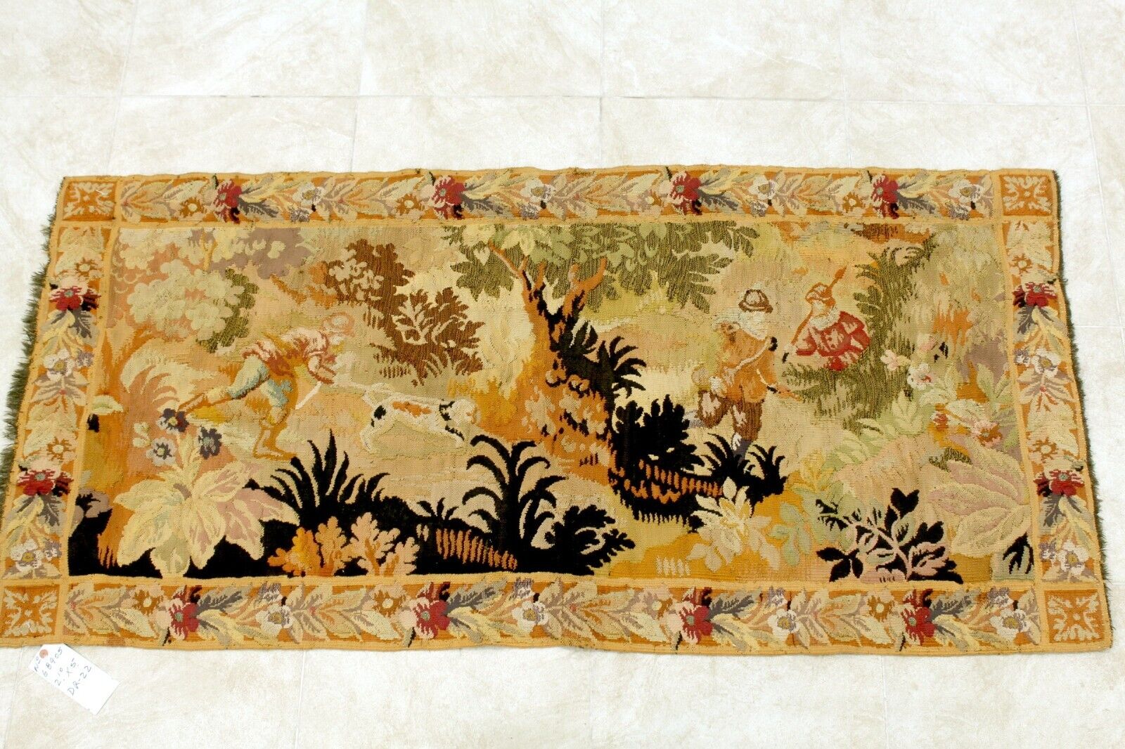 Rare 1880s Handmade French Hunting Tapestry