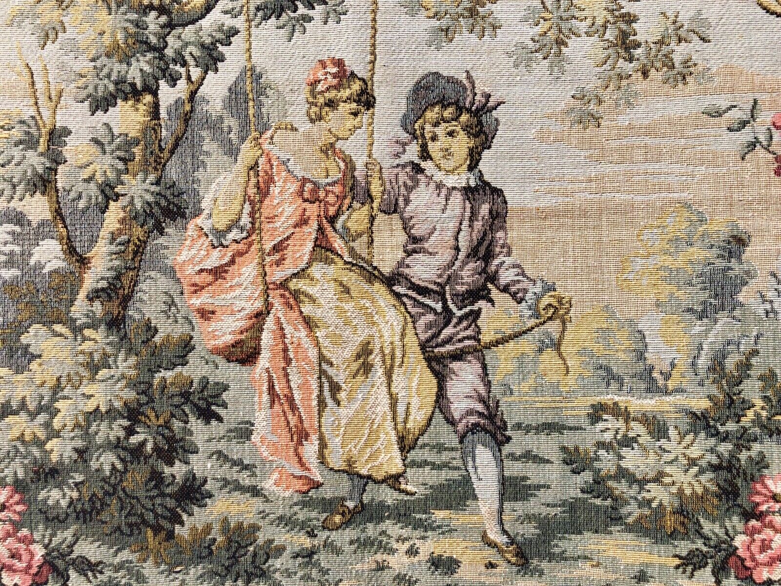 French Antique Tapestry: Girl on Swing, 1900s